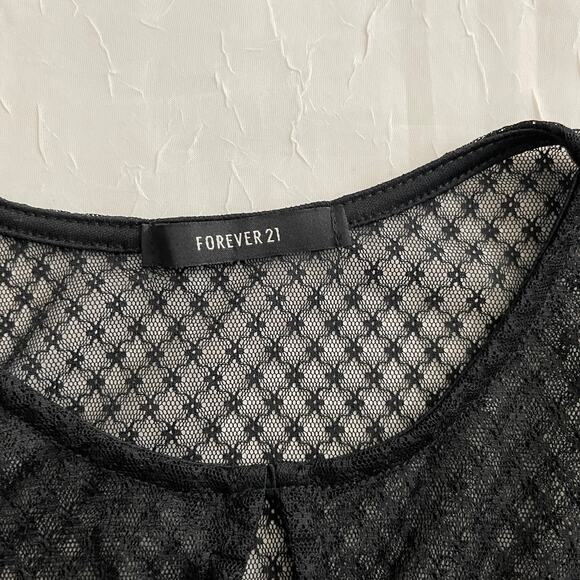 💋 Black Sheer Lattice Crosshatch Lace Bodysuit Long Sleeves Key Hole Forever 21 - Picture 15 of 16